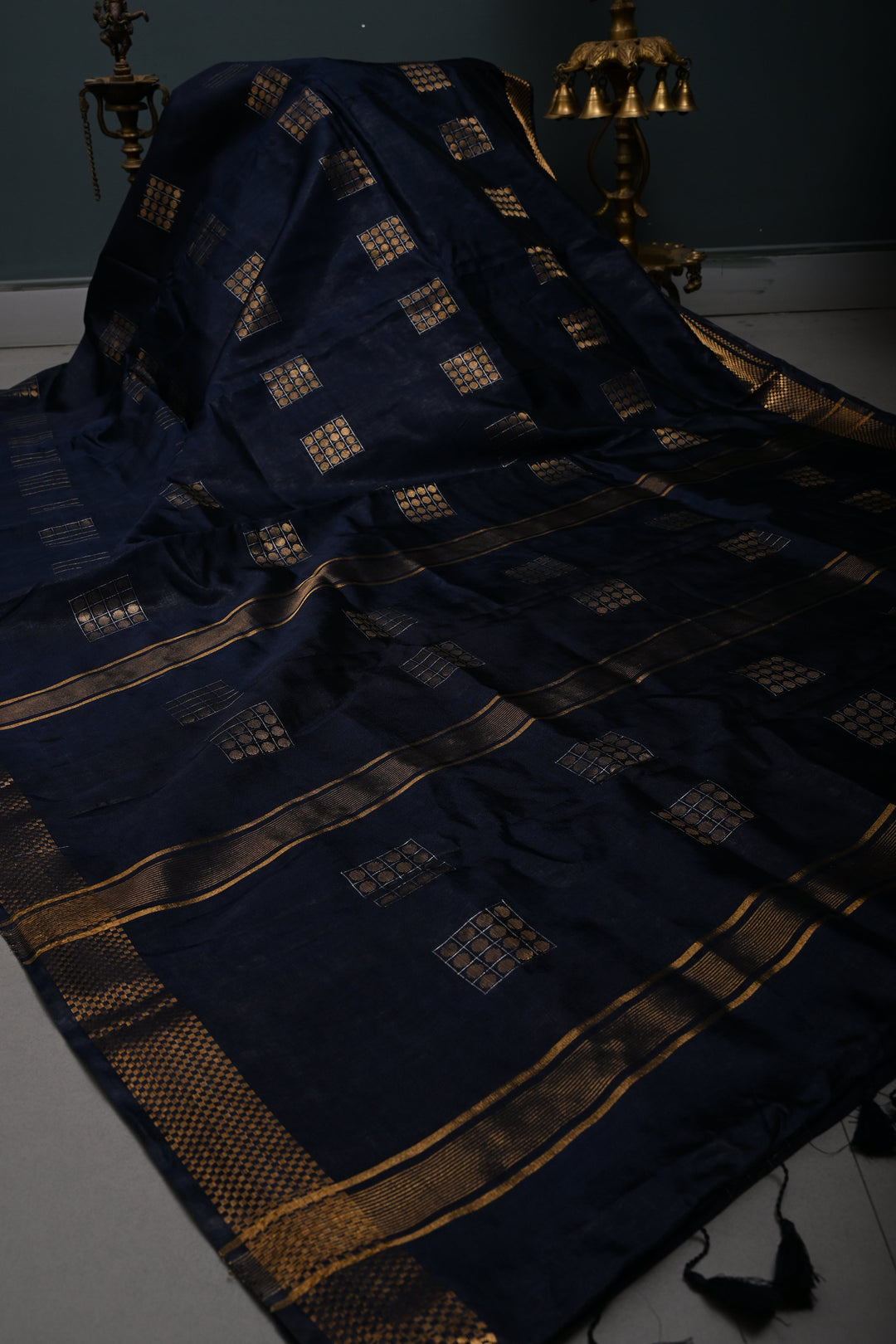 Midnight Blue Semi Tussar Saree with Geometric Zari Buttas and Zari Border | SHOBITAM