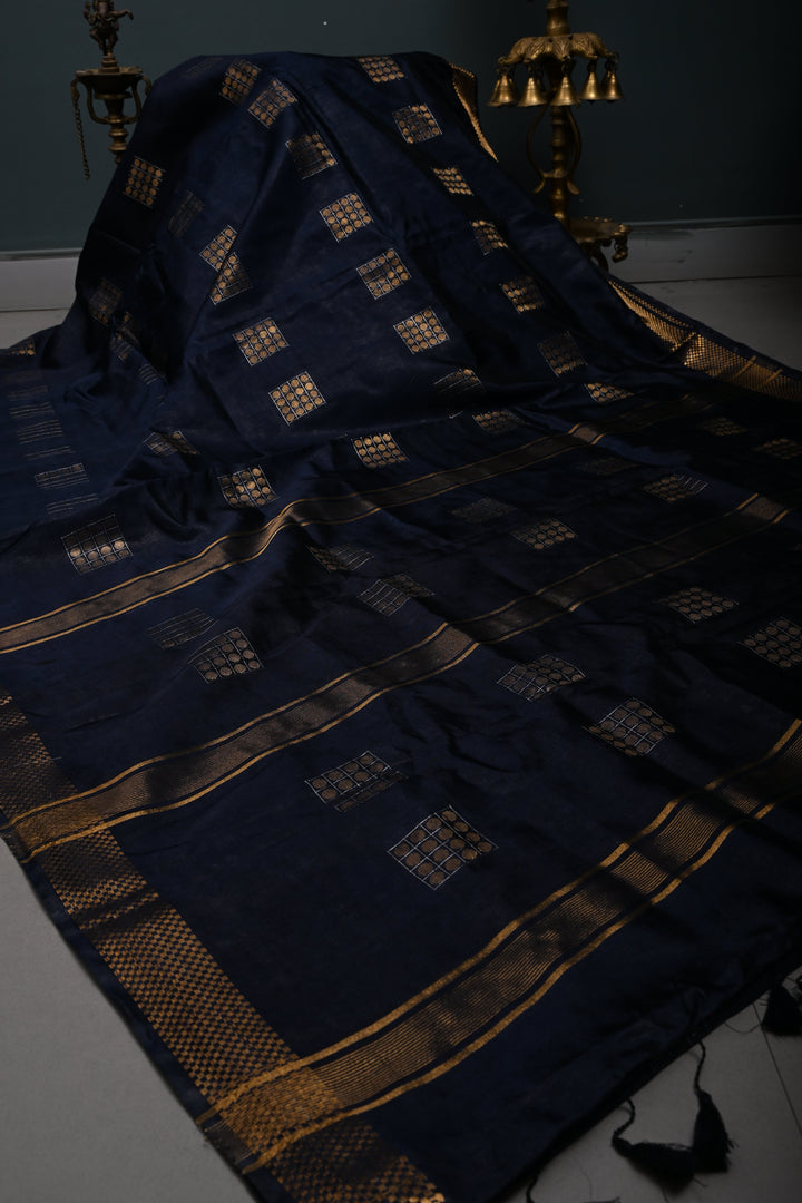 Midnight Blue Semi Tussar Saree with Geometric Zari Buttas and Zari Border | SHOBITAM