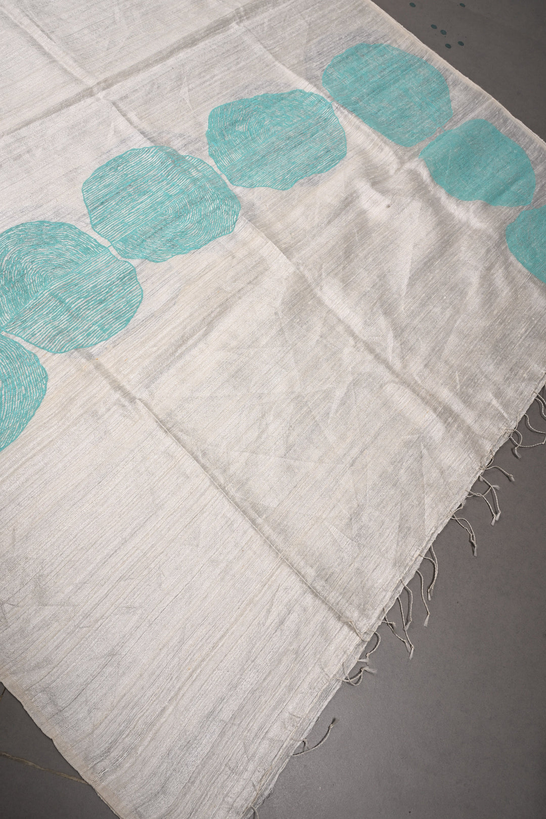 Off White Geecha Tussar Silk Dupatta with Lotus Leaves Handpainting in Madhubani | SILK MARK CERTIFIED | SHOBITAM