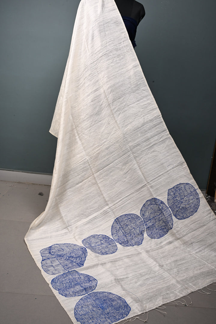 Off White Geecha Tussar Silk Dupatta with Lotus Leaves Handpainting in Madhubani | SILK MARK CERTIFIED | SHOBITAM