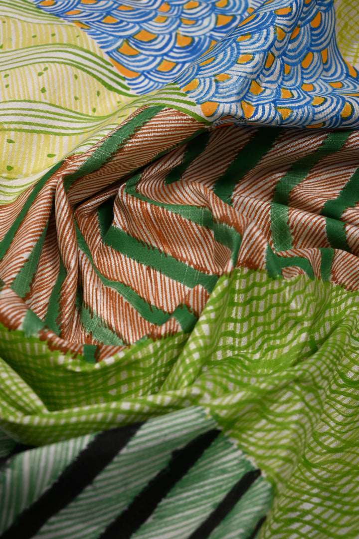 Multicolor Pure Mulberry Silk Dupatta with Contemporary Design Handpainting in Madhubani  | SILK MARK CERTIFIED | SHOBITAM