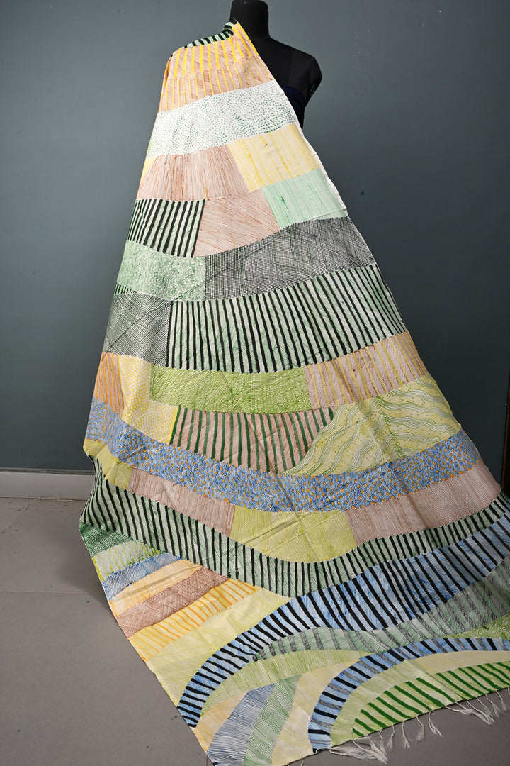 Multicolor Pure Mulberry Silk Dupatta with Contemporary Design Handpainting in Madhubani  | SILK MARK CERTIFIED | SHOBITAM