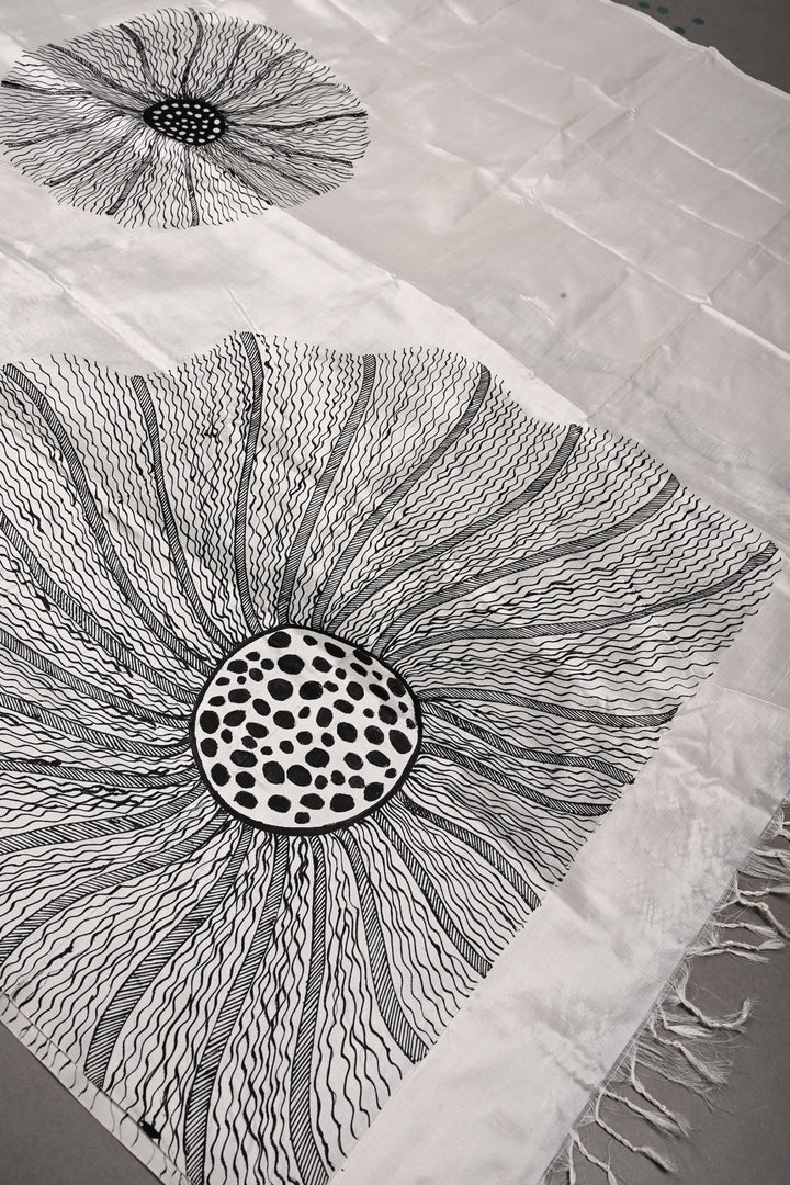 Off White Pure Mulberry Silk Dupatta with Makhana Lotus Flower Motifs Handpainting  | SILK MARK CERTIFIED | SHOBITAM