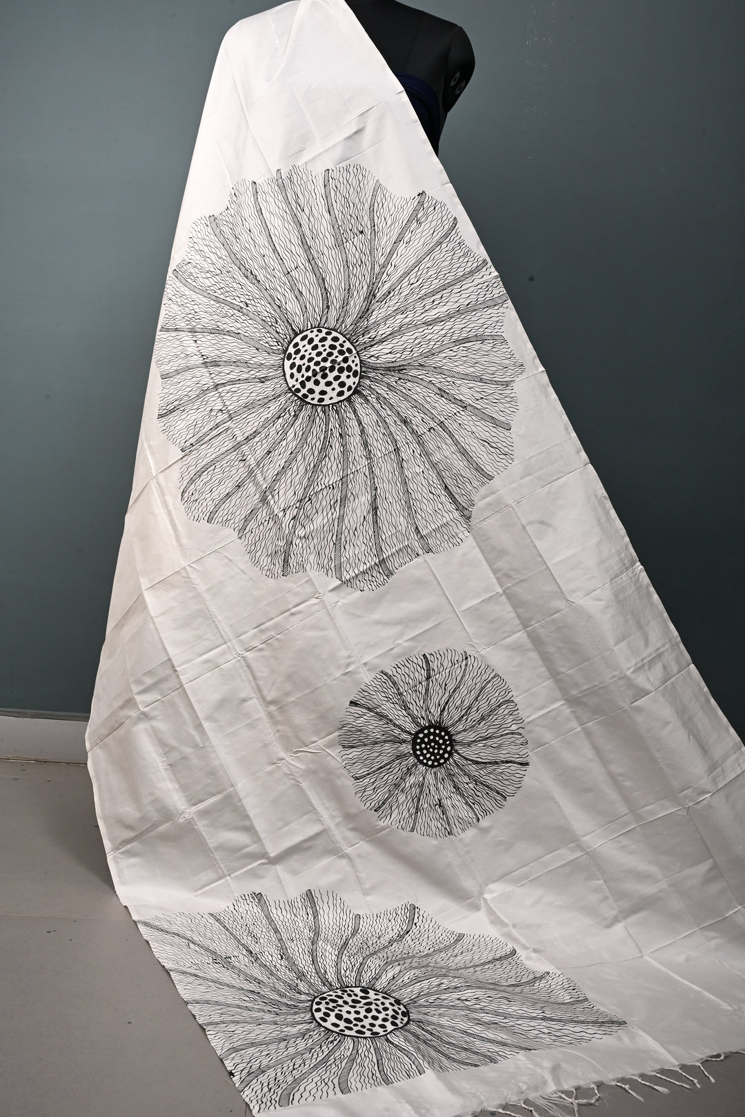 Off White Pure Mulberry Silk Dupatta with Makhana Lotus Flower Motifs Handpainting  | SILK MARK CERTIFIED | SHOBITAM