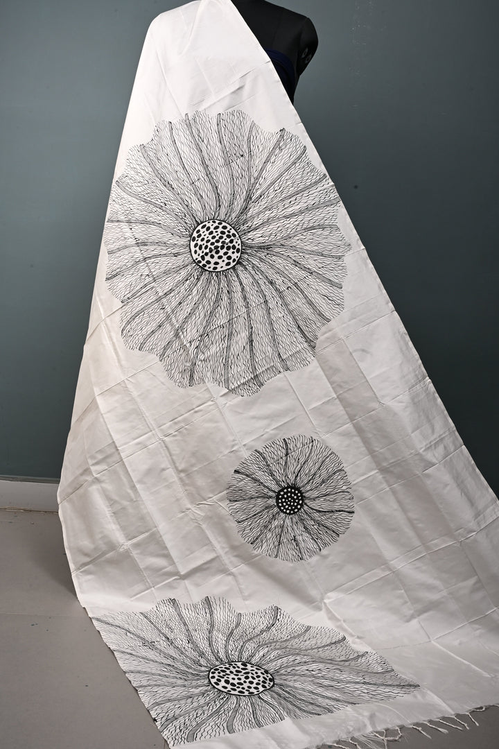 Off White Pure Mulberry Silk Dupatta with Makhana Lotus Flower Motifs Handpainting  | SILK MARK CERTIFIED | SHOBITAM