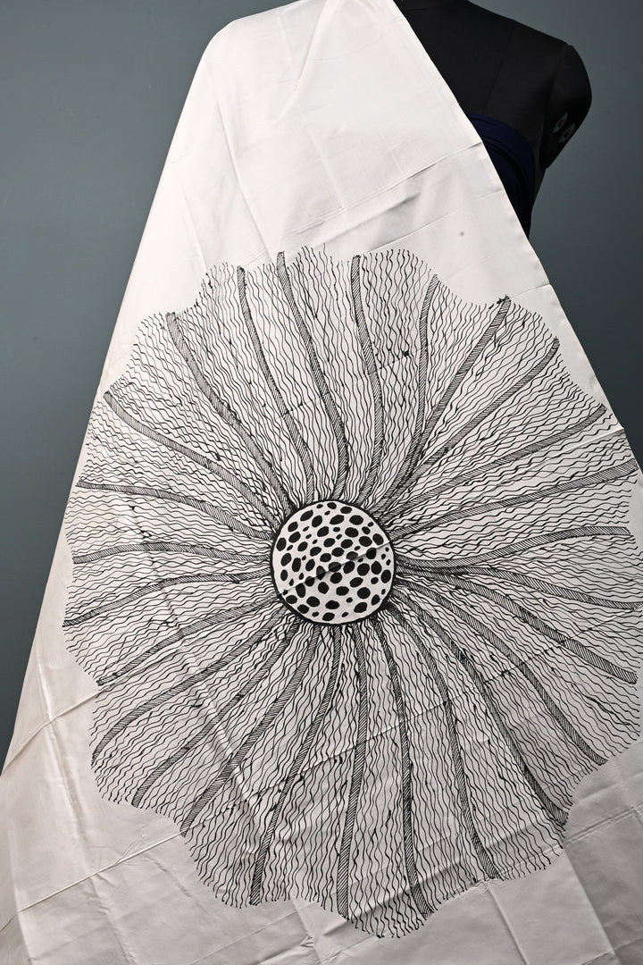 Off White Pure Mulberry Silk Dupatta with Makhana Lotus Flower Motifs Handpainting  | SILK MARK CERTIFIED | SHOBITAM