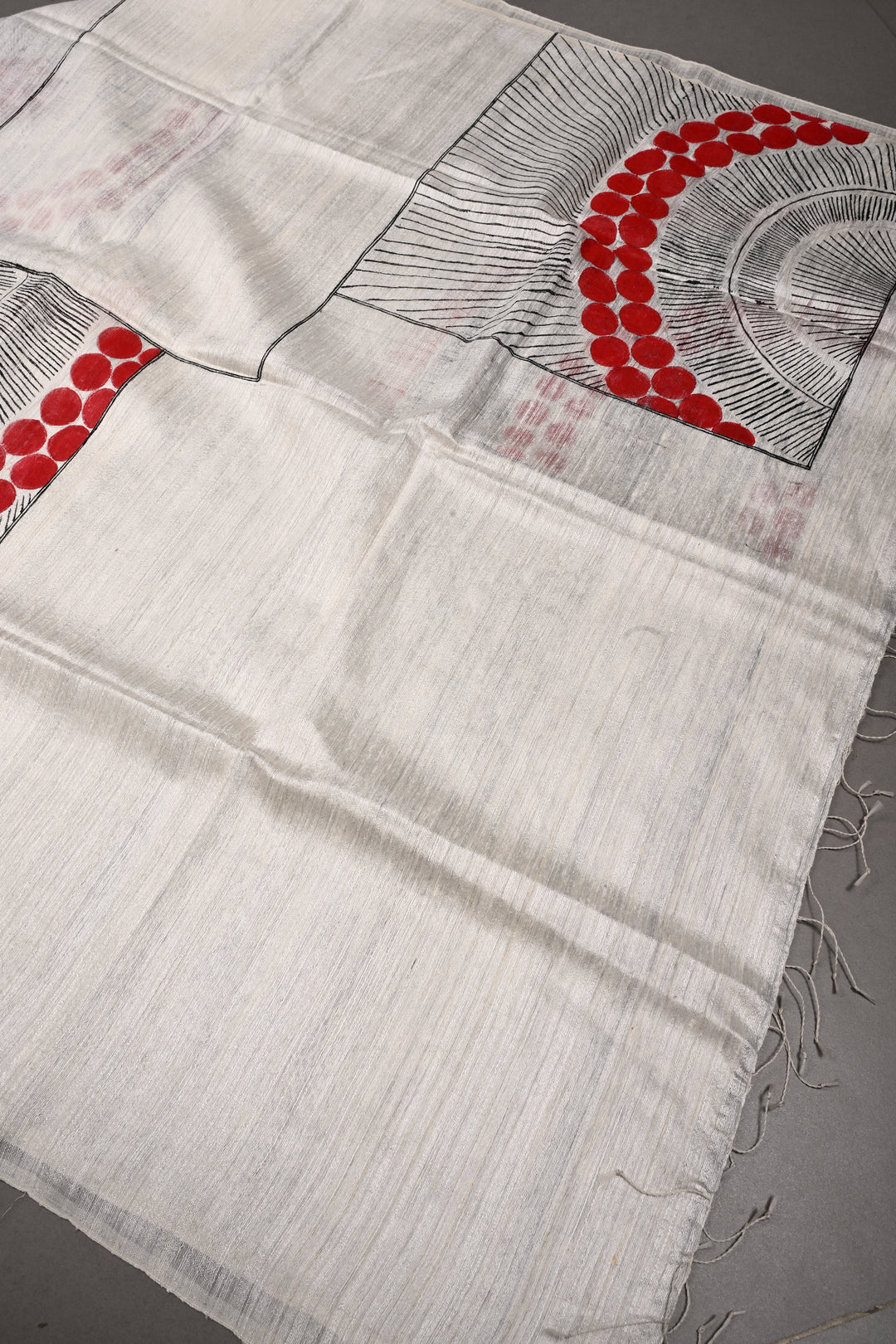 Off White Geecha Tussar Silk Dupatta with Contemporary Design Handpainting in Madhubani and Mirror Work| SILK MARK CERTIFIED | SHOBITAM