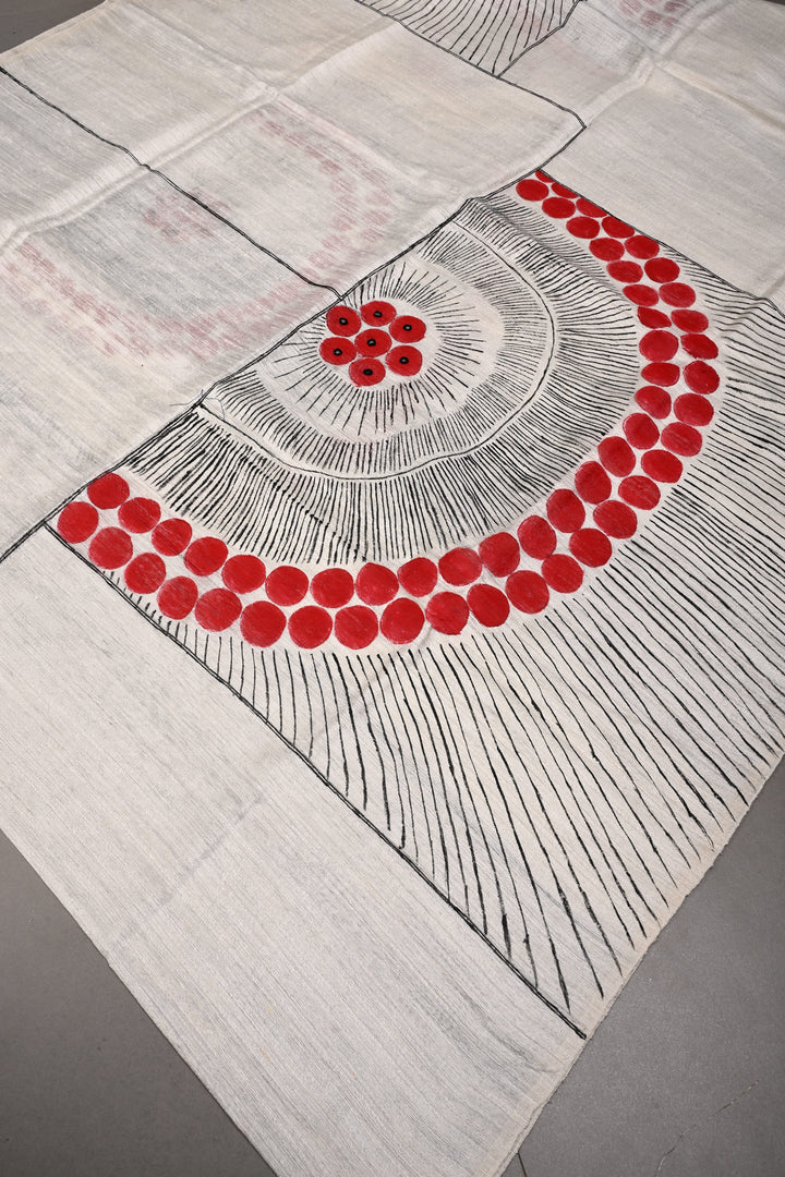 Off White Geecha Tussar Silk Dupatta with Contemporary Design Handpainting in Madhubani and Mirror Work| SILK MARK CERTIFIED | SHOBITAM