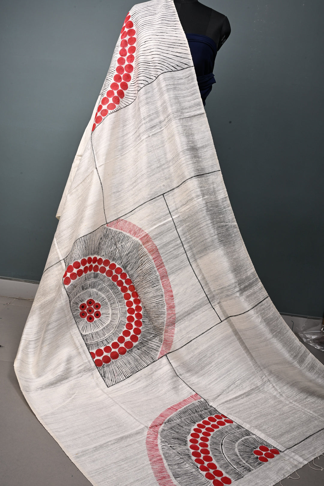 Off White Geecha Tussar Silk Dupatta with Contemporary Design Handpainting in Madhubani and Mirror Work| SILK MARK CERTIFIED | SHOBITAM