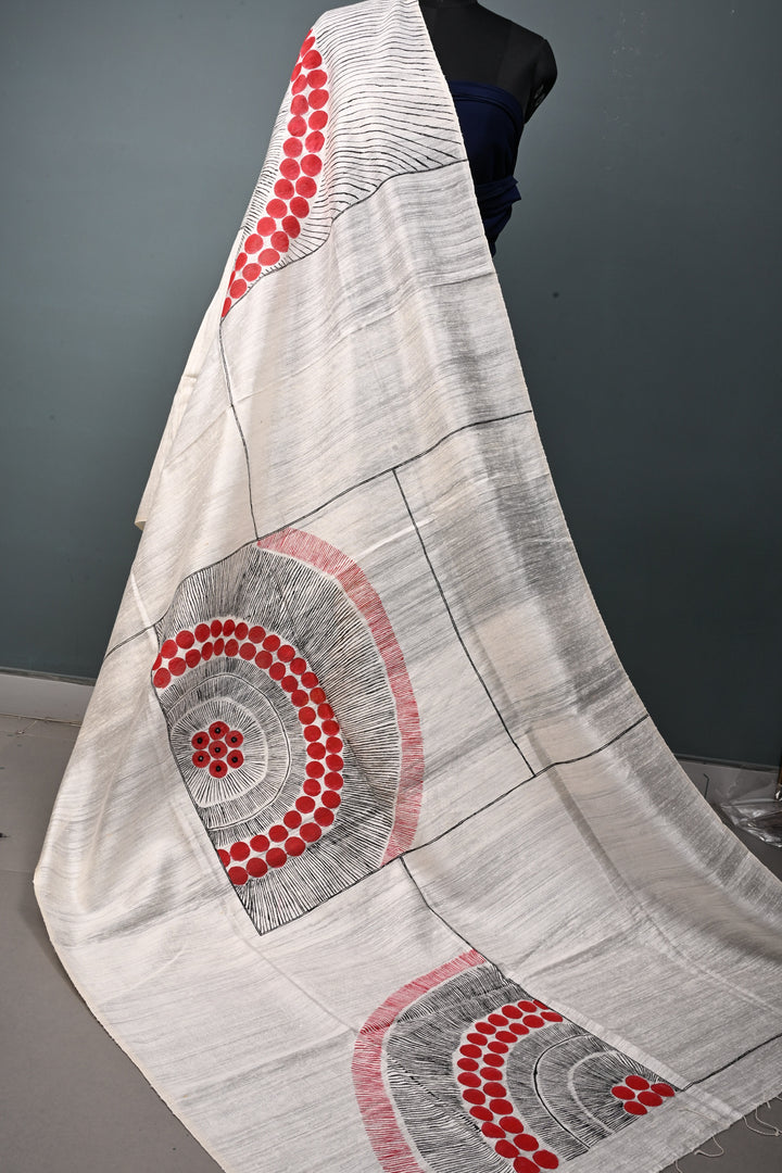 Off White Geecha Tussar Silk Dupatta with Contemporary Design Handpainting in Madhubani and Mirror Work| SILK MARK CERTIFIED | SHOBITAM