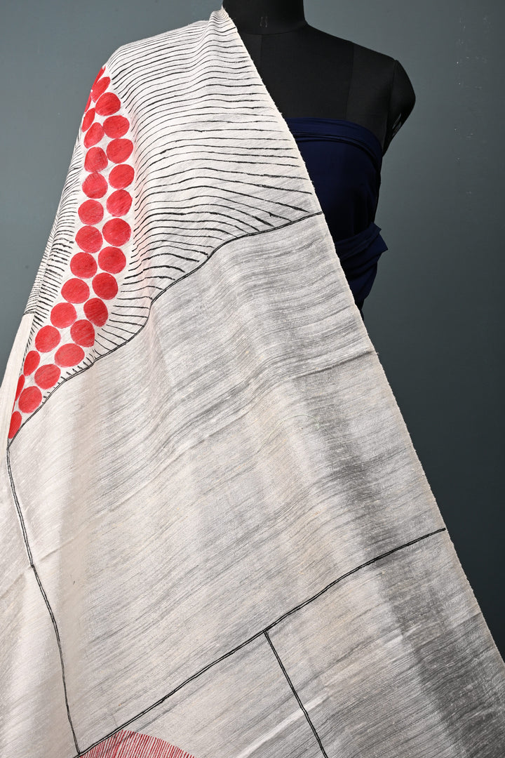 Off White Geecha Tussar Silk Dupatta with Contemporary Design Handpainting in Madhubani and Mirror Work| SILK MARK CERTIFIED | SHOBITAM