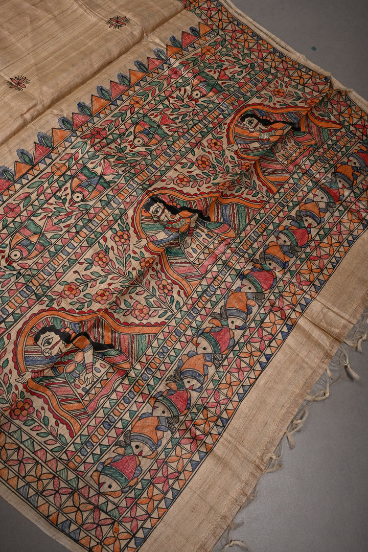 Dark Beige Geecha Tussar Silk Dupatta with Madhubani Handpainting | SILK MARK CERTIFIED | SHOBITAM