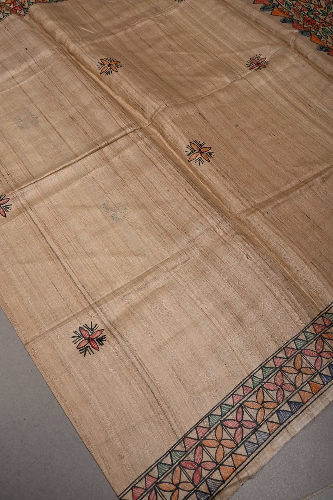 Dark Beige Geecha Tussar Silk Dupatta with Madhubani Handpainting | SILK MARK CERTIFIED | SHOBITAM
