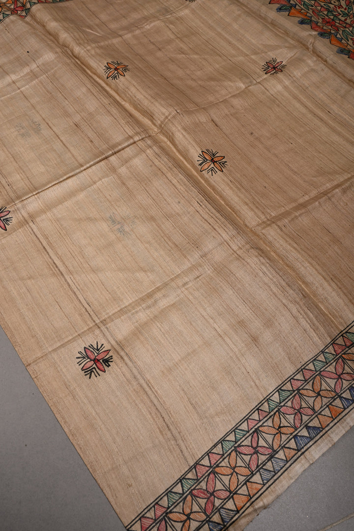 Dark Beige Geecha Tussar Silk Dupatta with Madhubani Handpainting | SILK MARK CERTIFIED | SHOBITAM