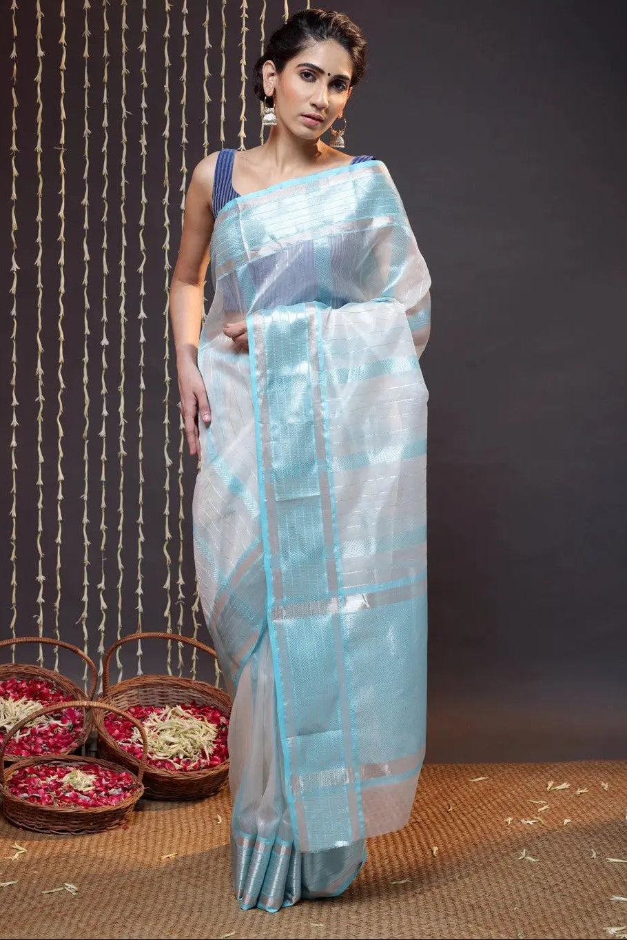 Handloom White Katan Silk Saree Woven With Silver Zari Stripes | SILK MARK CERTIFIED | SHOBITAM