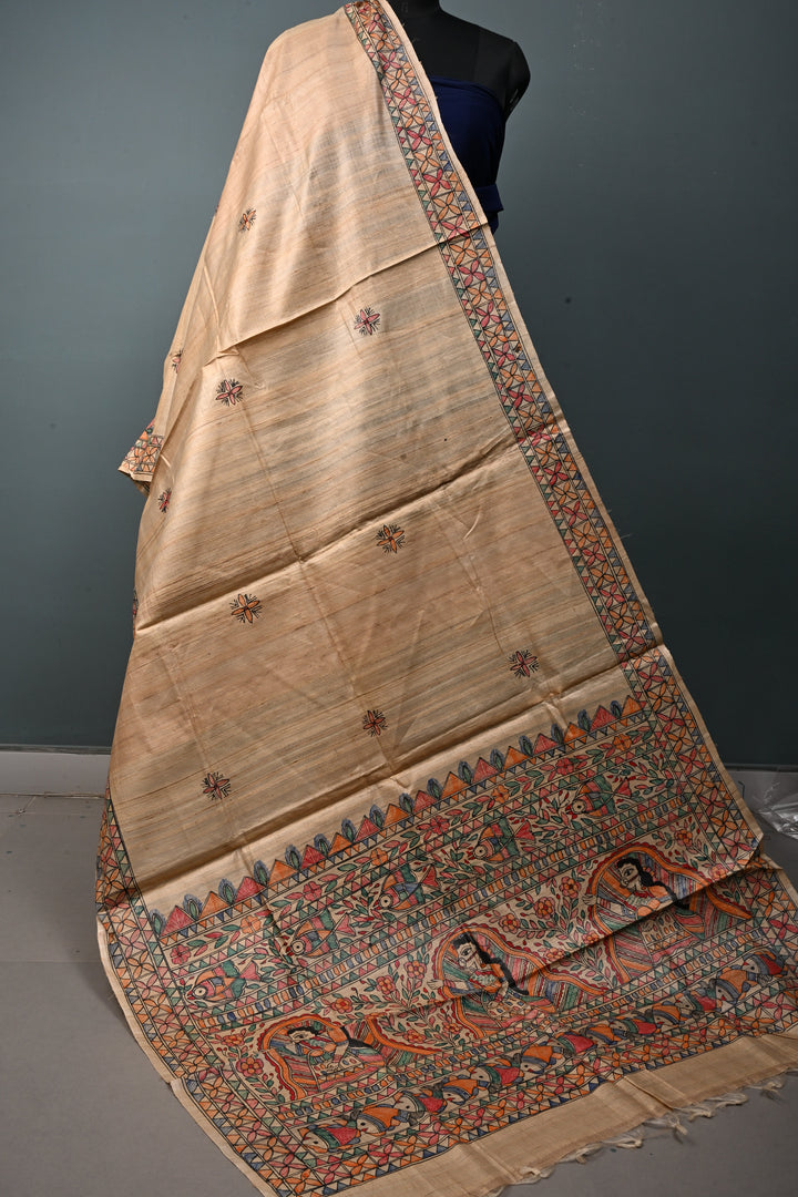 Dark Beige Geecha Tussar Silk Dupatta with Madhubani Handpainting | SILK MARK CERTIFIED | SHOBITAM