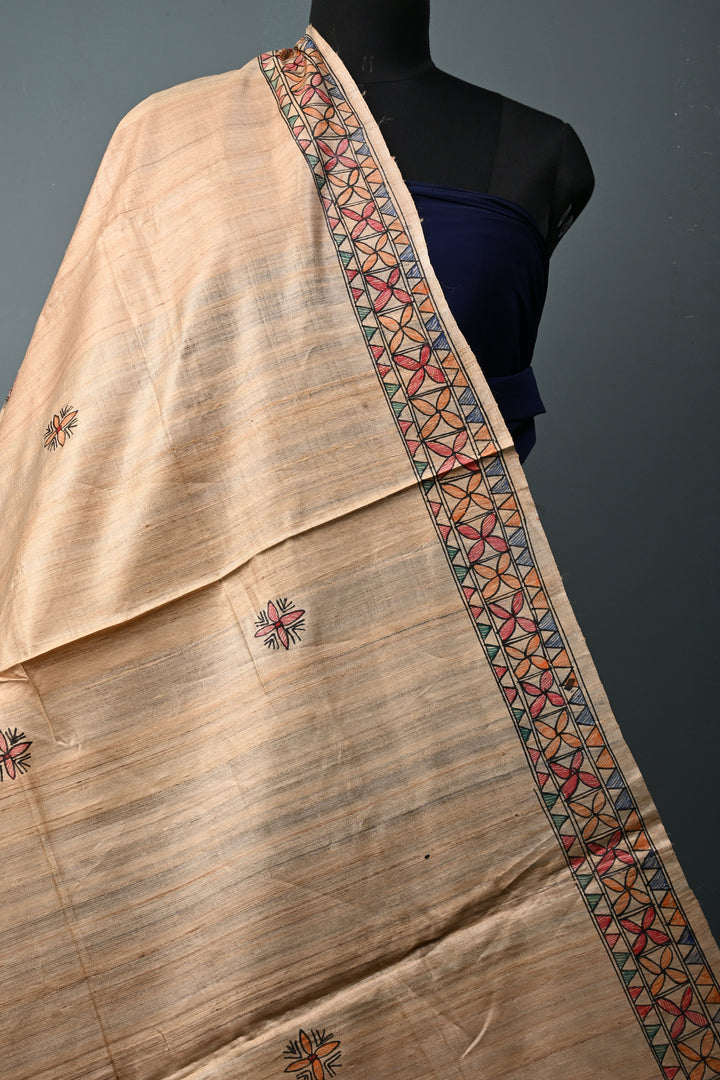 Dark Beige Geecha Tussar Silk Dupatta with Madhubani Handpainting | SILK MARK CERTIFIED | SHOBITAM