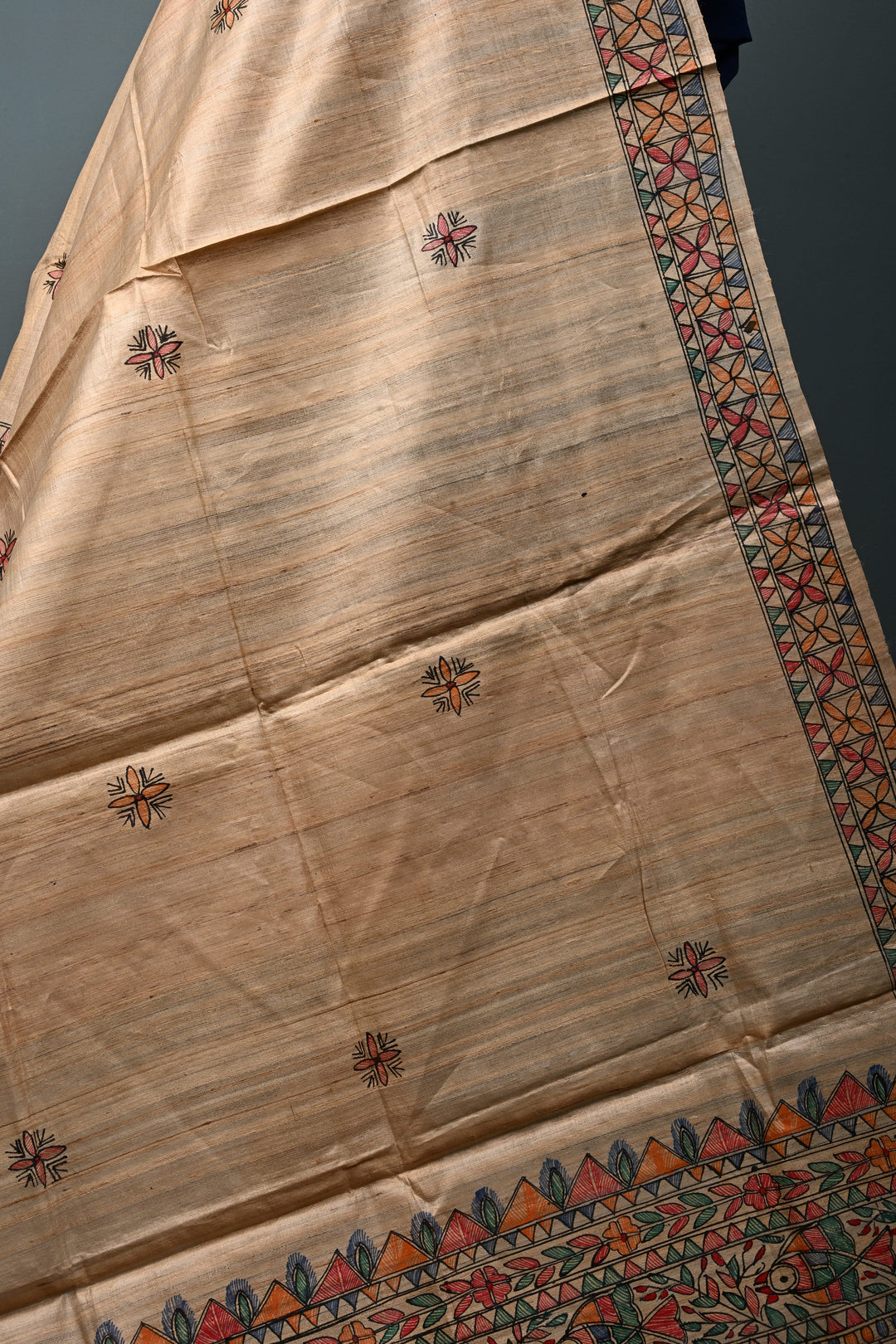 Dark Beige Geecha Tussar Silk Dupatta with Madhubani Handpainting | SILK MARK CERTIFIED | SHOBITAM