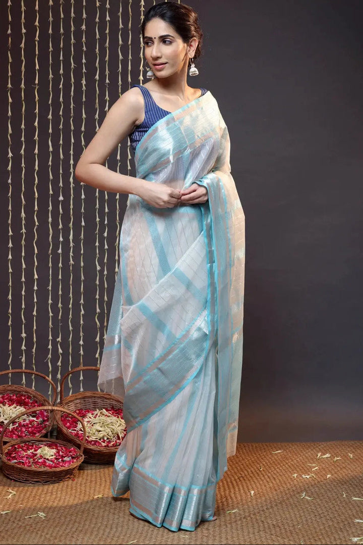 Handloom White Katan Silk Saree Woven With Silver Zari Stripes | SILK MARK CERTIFIED | SHOBITAM