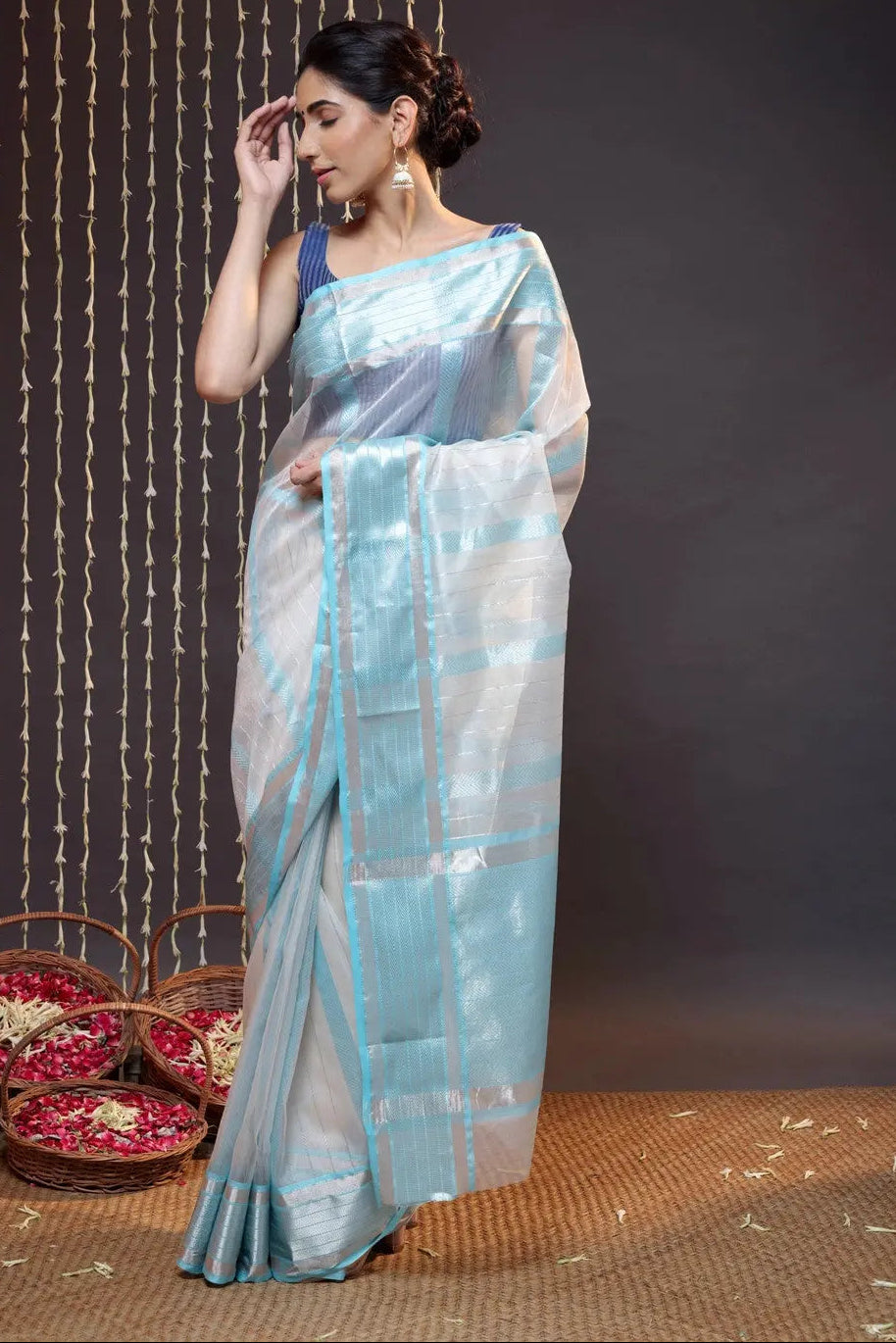 Handloom White Katan Silk Saree Woven With Silver Zari Stripes | SILK MARK CERTIFIED | SHOBITAM