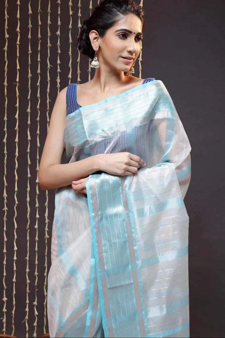 Handloom White Katan Silk Saree Woven With Silver Zari Stripes | SILK MARK CERTIFIED | SHOBITAM