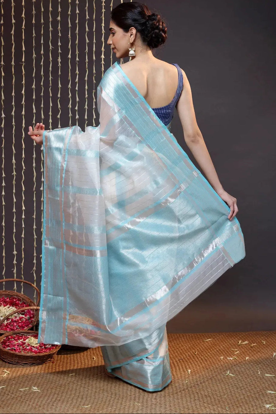Handloom White Katan Silk Saree Woven With Silver Zari Stripes | SILK MARK CERTIFIED | SHOBITAM