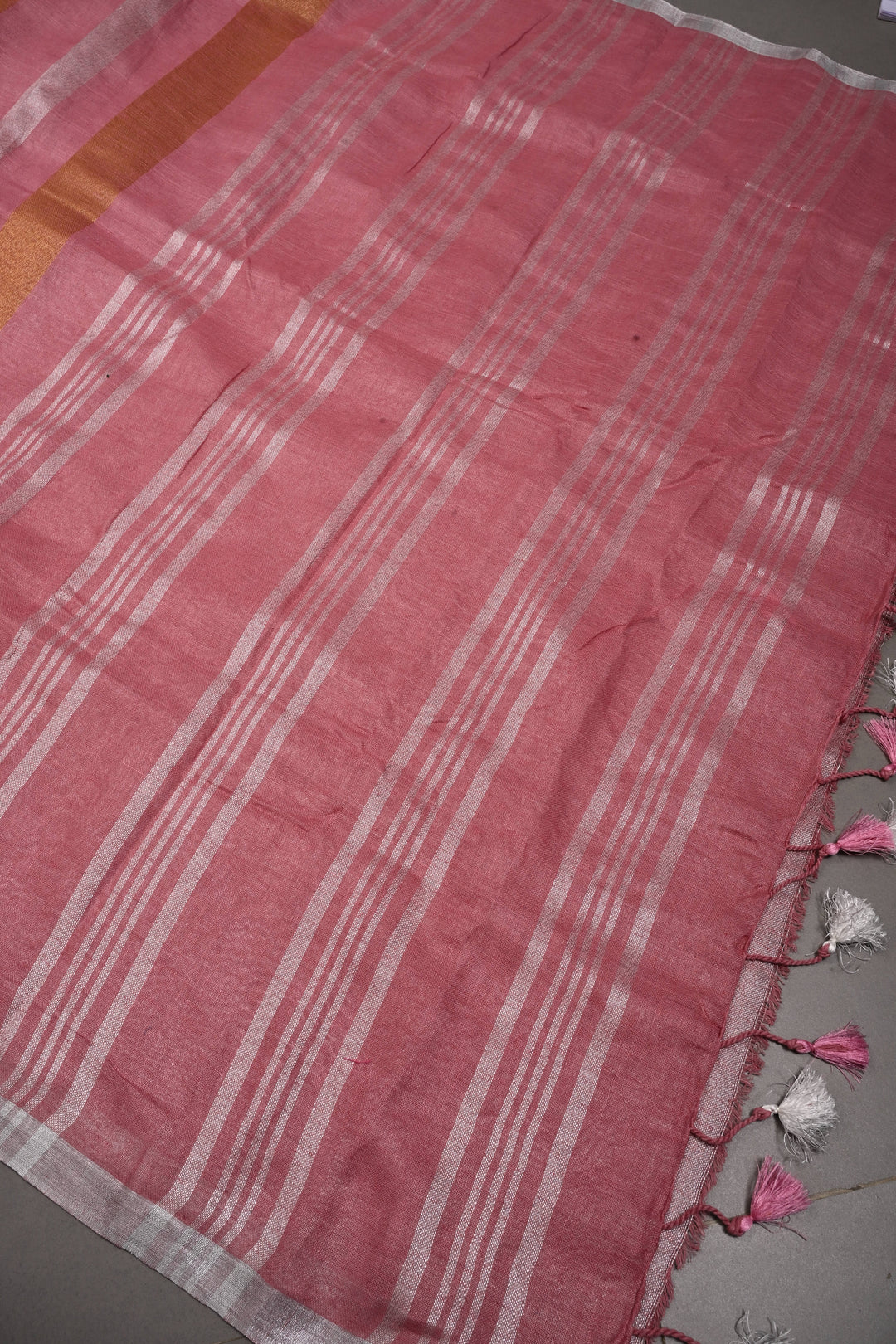 Dusty Rose Linen by Linen Saree with Tissue Stripes Pattern and Silver Minimal Border | SHOBITAM