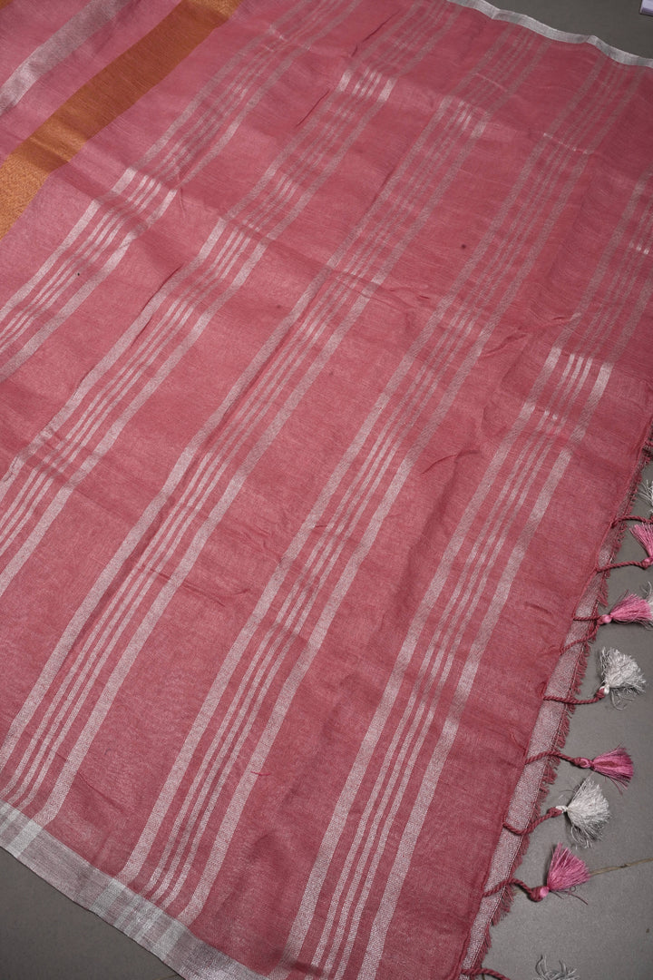 Dusty Rose Linen by Linen Saree with Tissue Stripes Pattern and Silver Minimal Border | SHOBITAM