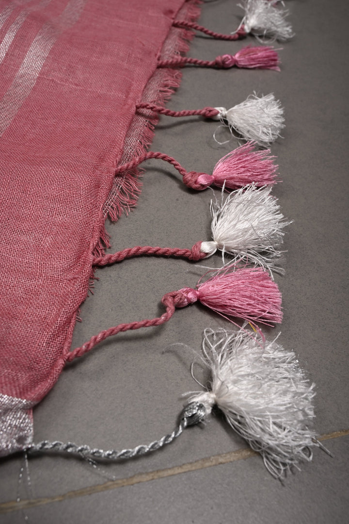 Dusty Rose Linen by Linen Saree with Tissue Stripes Pattern and Silver Minimal Border | SHOBITAM