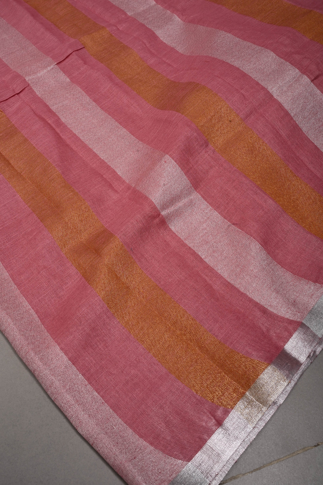 Dusty Rose Linen by Linen Saree with Tissue Stripes Pattern and Silver Minimal Border | SHOBITAM