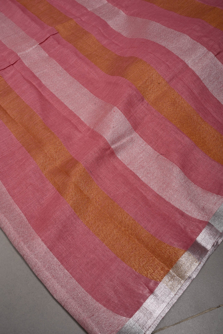 Dusty Rose Linen by Linen Saree with Tissue Stripes Pattern and Silver Minimal Border | SHOBITAM