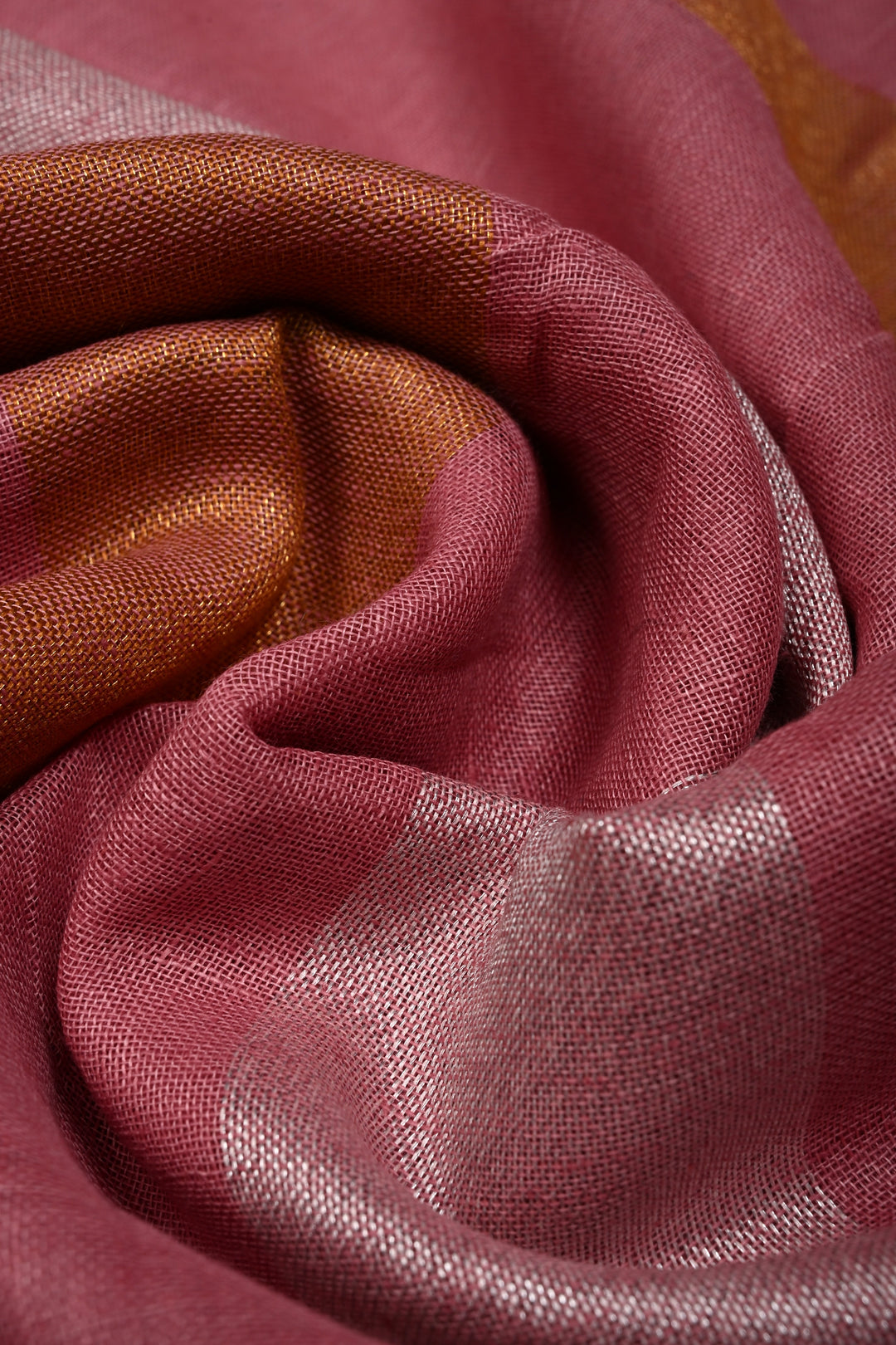 Dusty Rose Linen by Linen Saree with Tissue Stripes Pattern and Silver Minimal Border | SHOBITAM