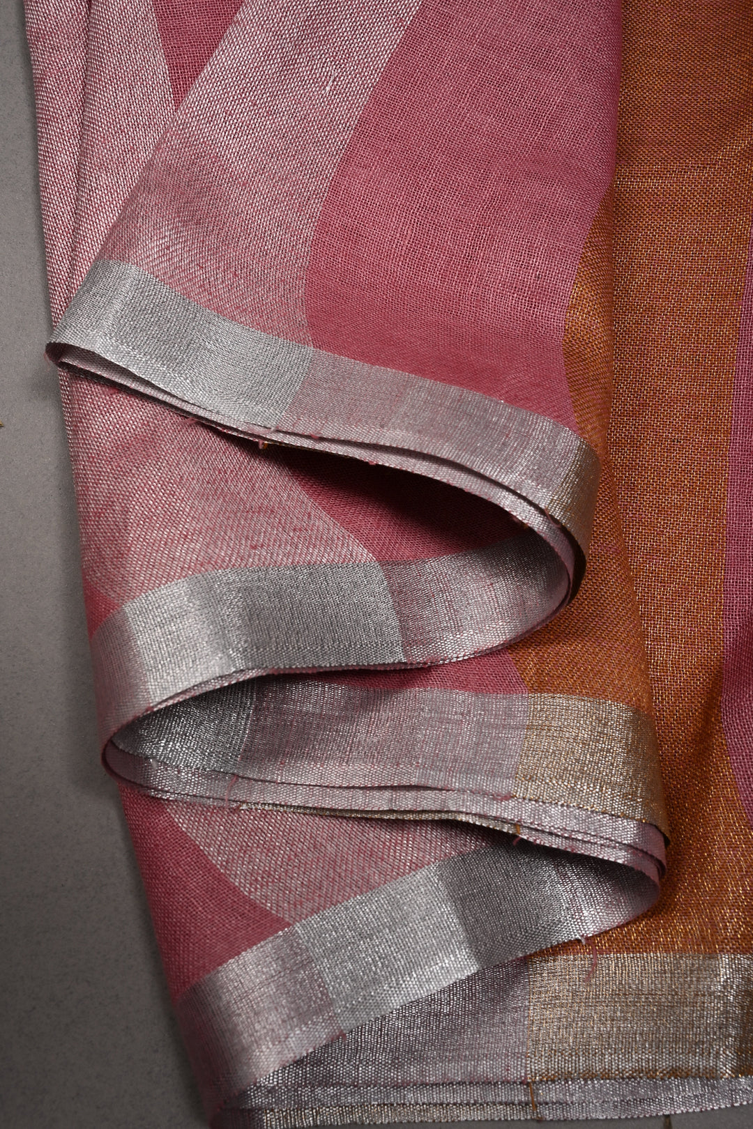 Dusty Rose Linen by Linen Saree with Tissue Stripes Pattern and Silver Minimal Border | SHOBITAM