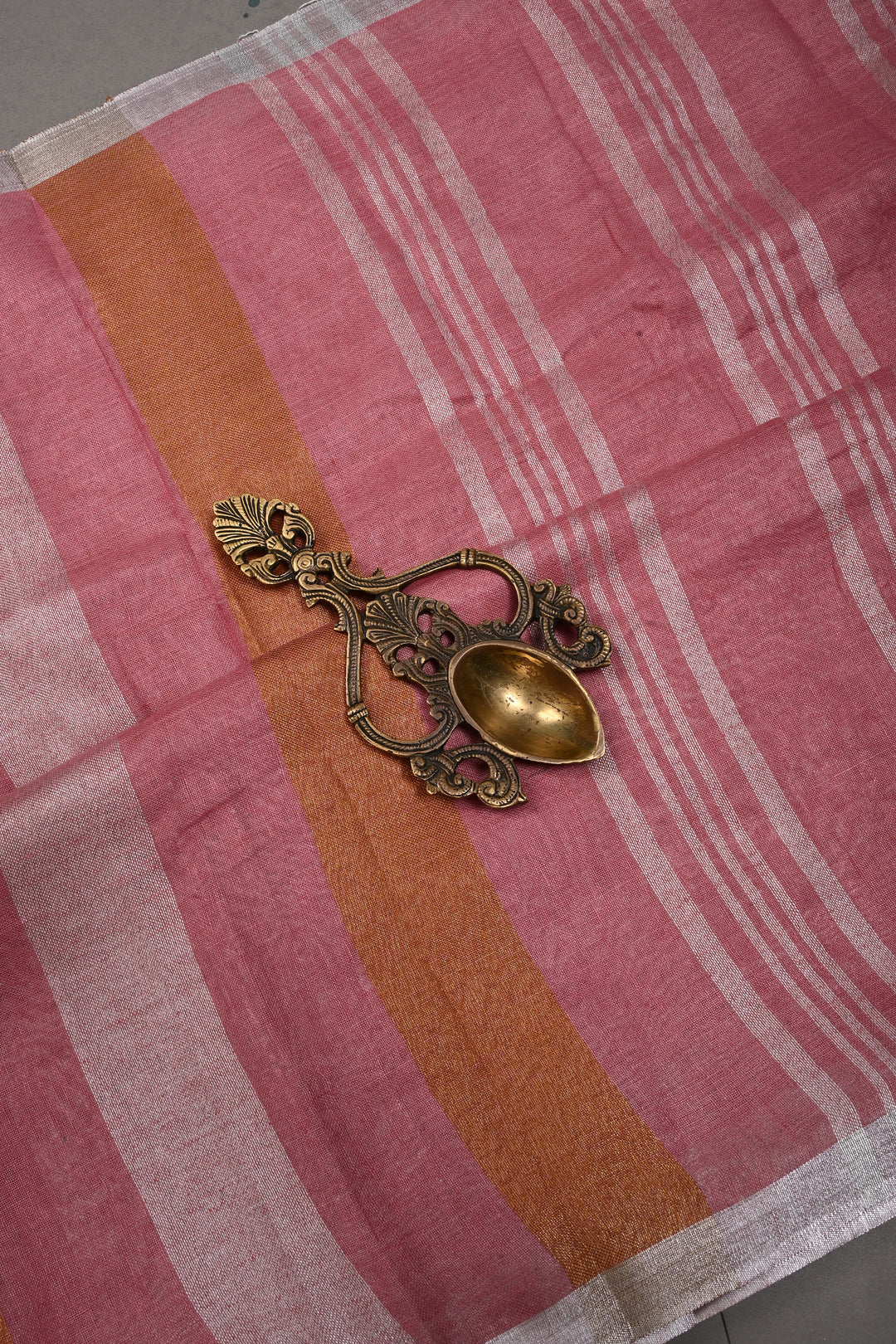 Dusty Rose Linen by Linen Saree with Tissue Stripes Pattern and Silver Minimal Border | SHOBITAM