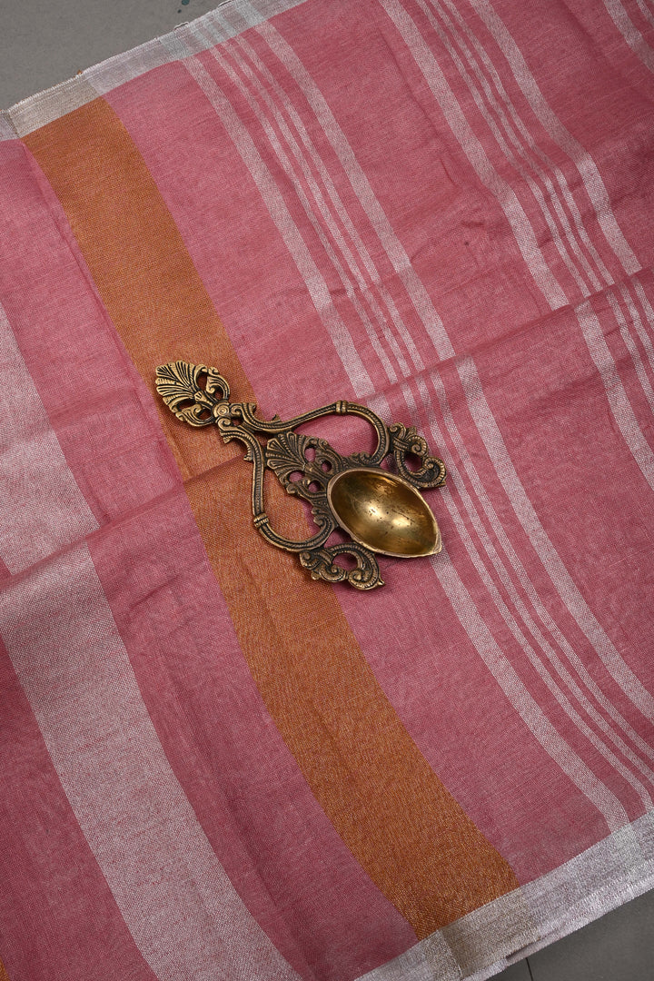 Dusty Rose Linen by Linen Saree with Tissue Stripes Pattern and Silver Minimal Border | SHOBITAM