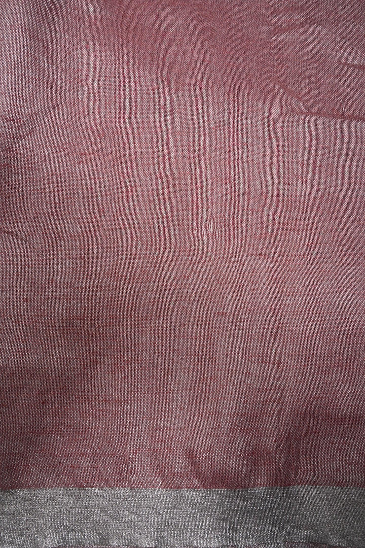 Dusty Rose Linen by Linen Saree with Tissue Stripes Pattern and Silver Minimal Border | SHOBITAM