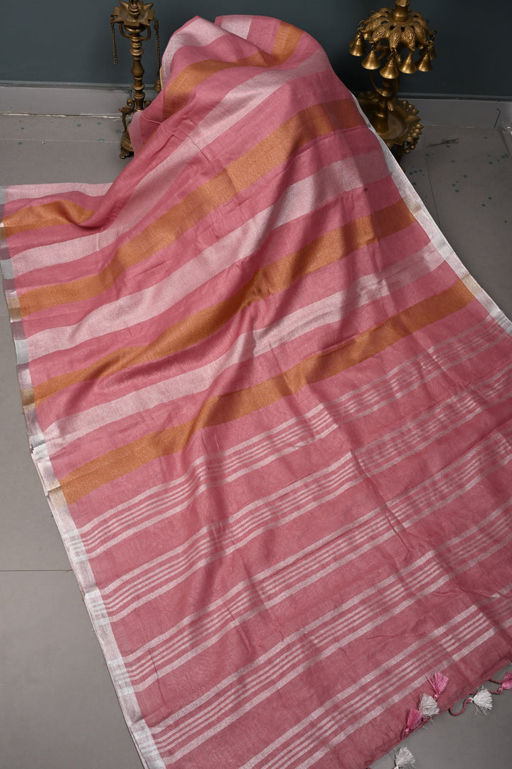Dusty Rose Linen by Linen Saree with Tissue Stripes Pattern and Silver Minimal Border | SHOBITAM