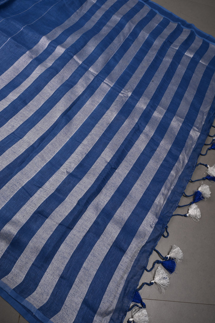 Blue Linen by Linen Saree with Stripes Pattern | SHOBITAM