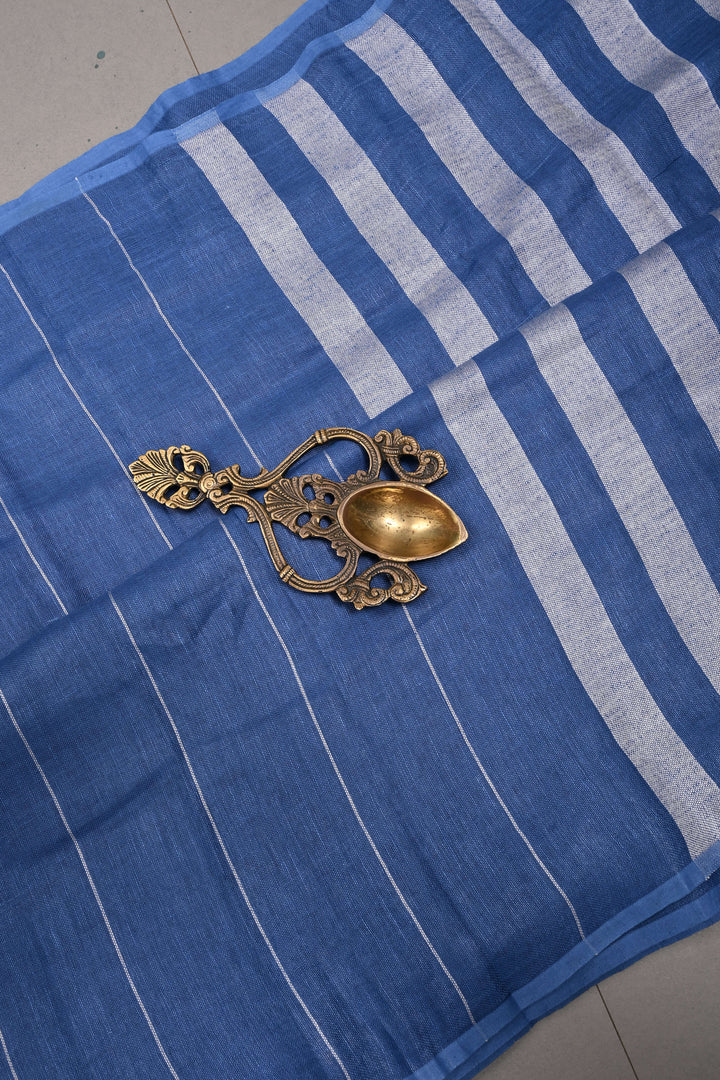 Blue Linen by Linen Saree with Stripes Pattern | SHOBITAM