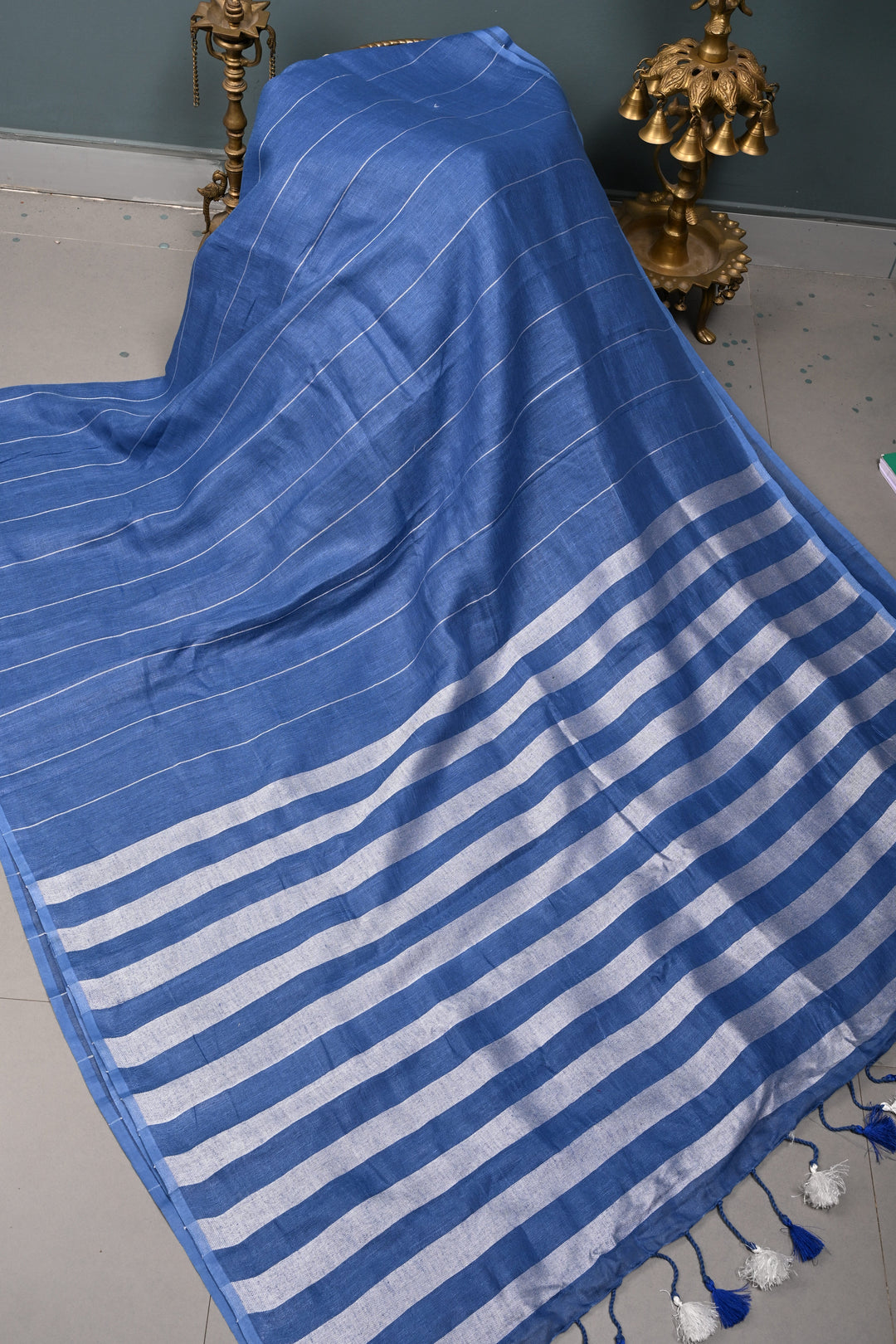 Blue Linen by Linen Saree with Stripes Pattern | SHOBITAM