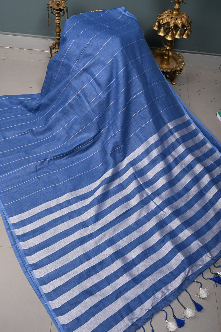 Blue Linen by Linen Saree with Stripes Pattern | SHOBITAM
