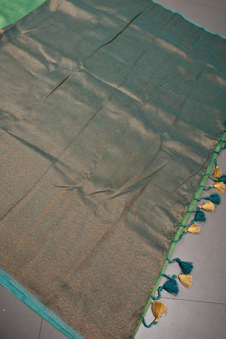 Lime Green Half and Half Tissue Linen Saree with Stripes Pattern  | SHOBITAM
