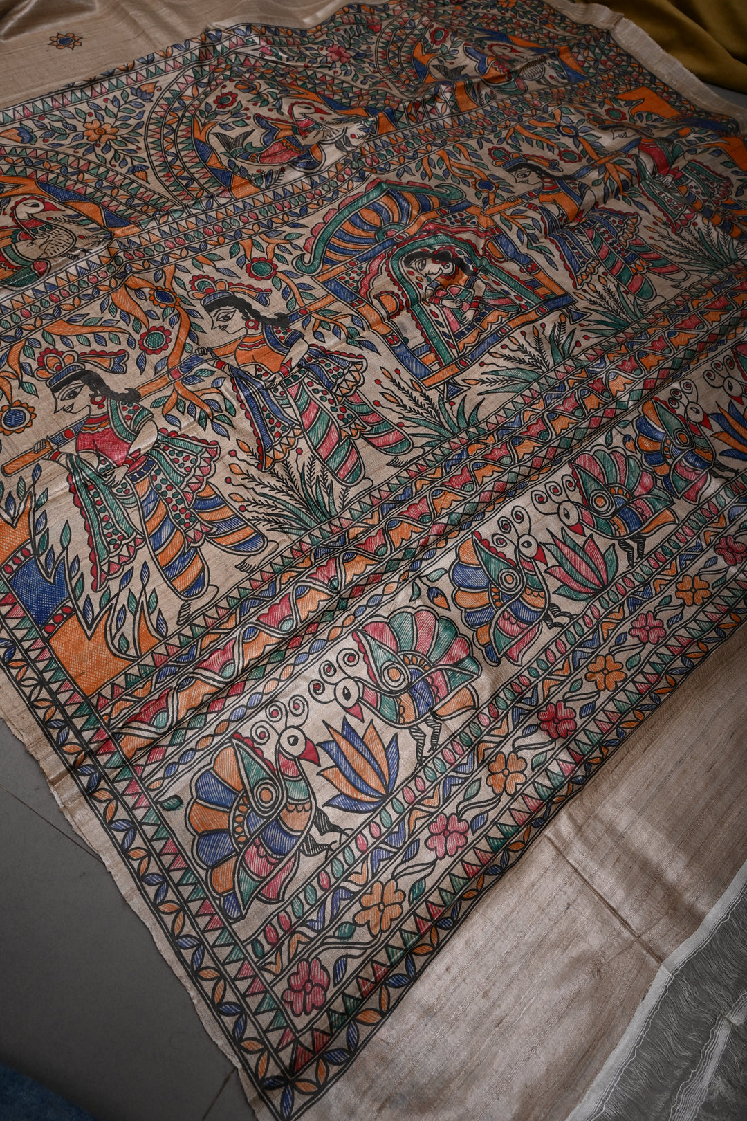 Beige Handloom Tussar Hand Painted Madhubani Silk Saree with Border | SILK MARK CERTIFIED | SHOBITAM