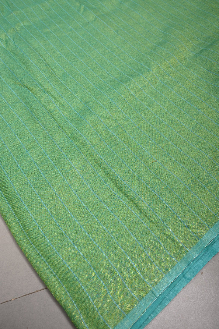 Lime Green Half and Half Tissue Linen Saree with Stripes Pattern  | SHOBITAM