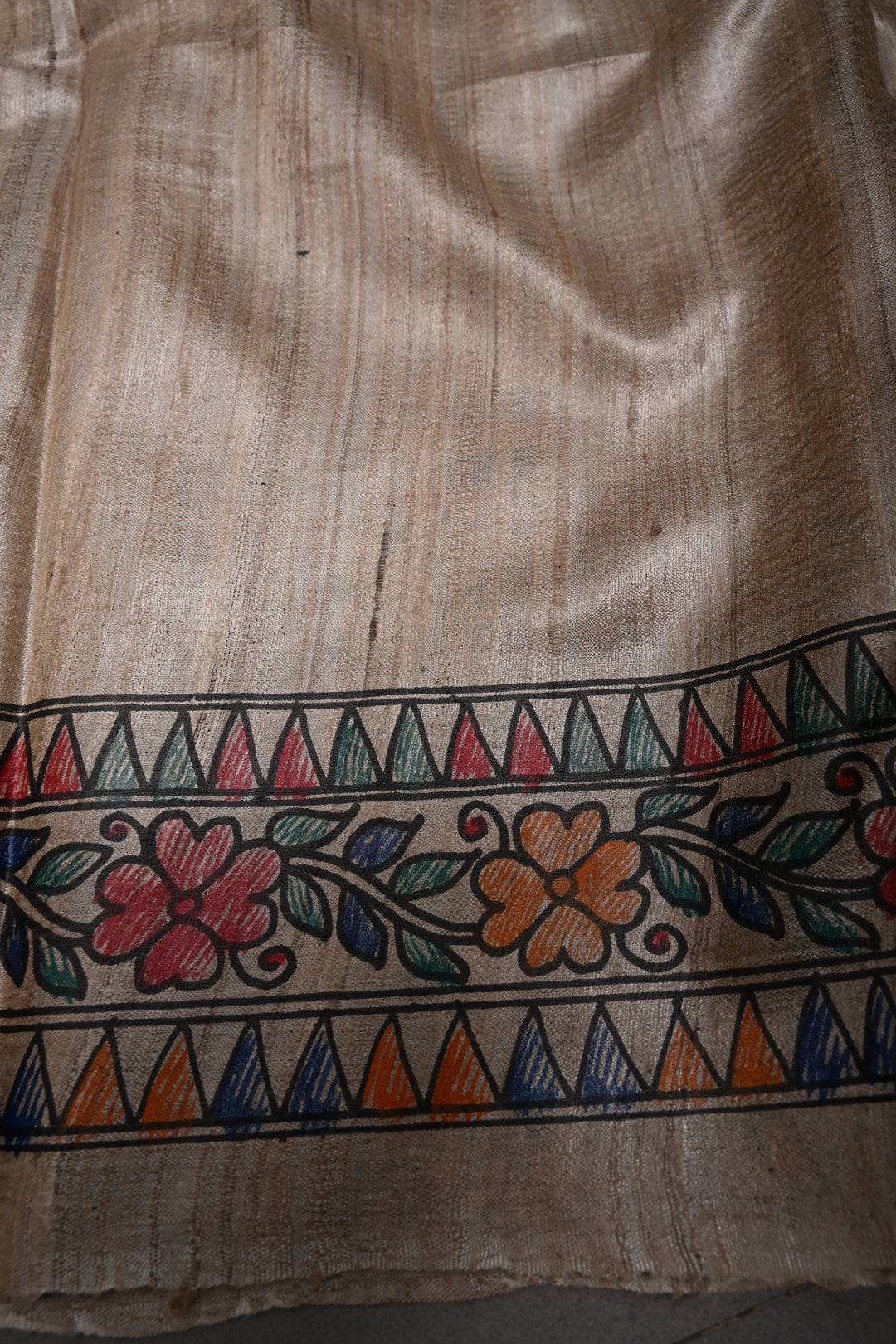 Beige Handloom Tussar Hand Painted Madhubani Silk Saree with Border | SILK MARK CERTIFIED | SHOBITAM