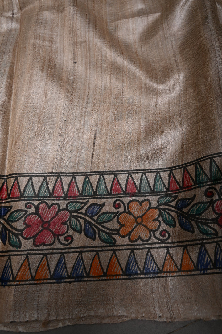 Beige Handloom Tussar Hand Painted Madhubani Silk Saree with Border | SILK MARK CERTIFIED | SHOBITAM
