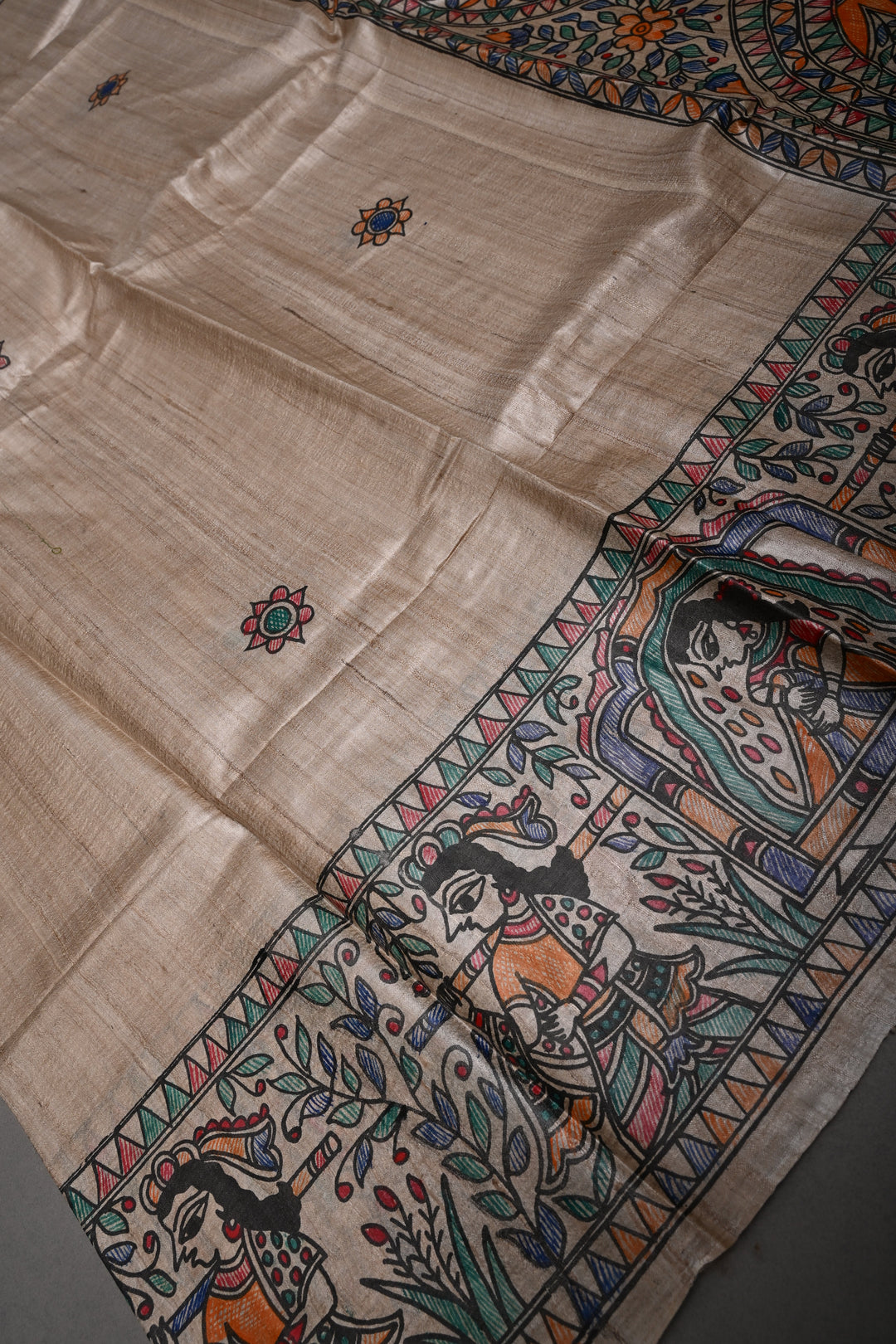 Beige Handloom Tussar Hand Painted Madhubani Silk Saree with Border | SILK MARK CERTIFIED | SHOBITAM