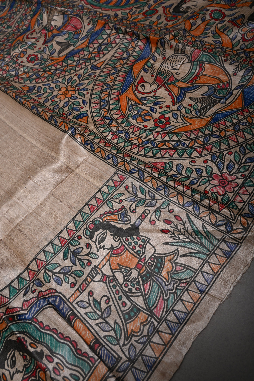 Beige Handloom Tussar Hand Painted Madhubani Silk Saree with Border | SILK MARK CERTIFIED | SHOBITAM