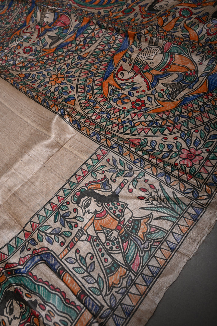 Beige Handloom Tussar Hand Painted Madhubani Silk Saree with Border | SILK MARK CERTIFIED | SHOBITAM