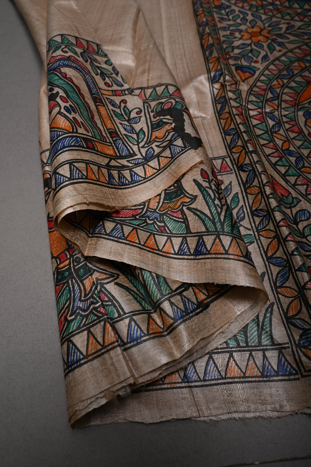 Beige Handloom Tussar Hand Painted Madhubani Silk Saree with Border | SILK MARK CERTIFIED | SHOBITAM